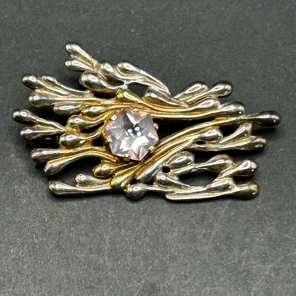 VTG Brutalist Sterling Silver Brooch Pendant Pink Genuine Faceted Stone Finnish?